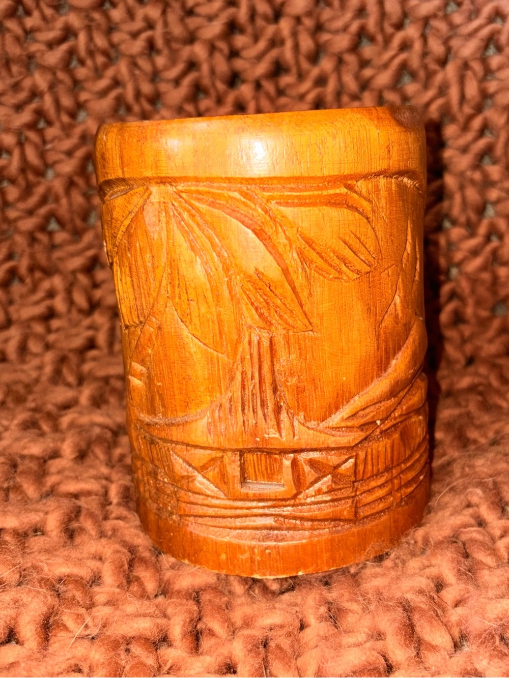 Vintage Hand Carved Monkey Pod Beer Mug Featuring Ocean Scenery with Palm Tree